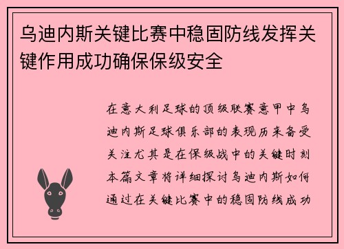 乌迪内斯关键比赛中稳固防线发挥关键作用成功确保保级安全